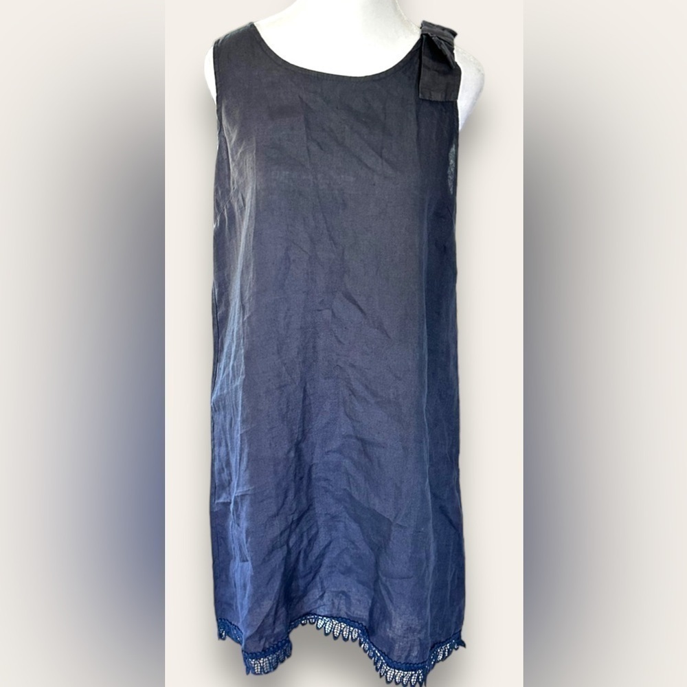 Bellambia Dress 100% Linen Navy Blue Crochet Trim Made In Italy Beach Bo… - Picture 2 of 7